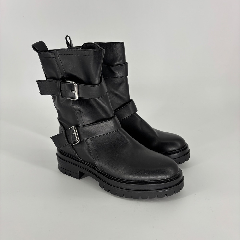 Abound Azila Moto Lug Boot Black Women Size 6 Lug Sole Buckle Side Zipper Biker